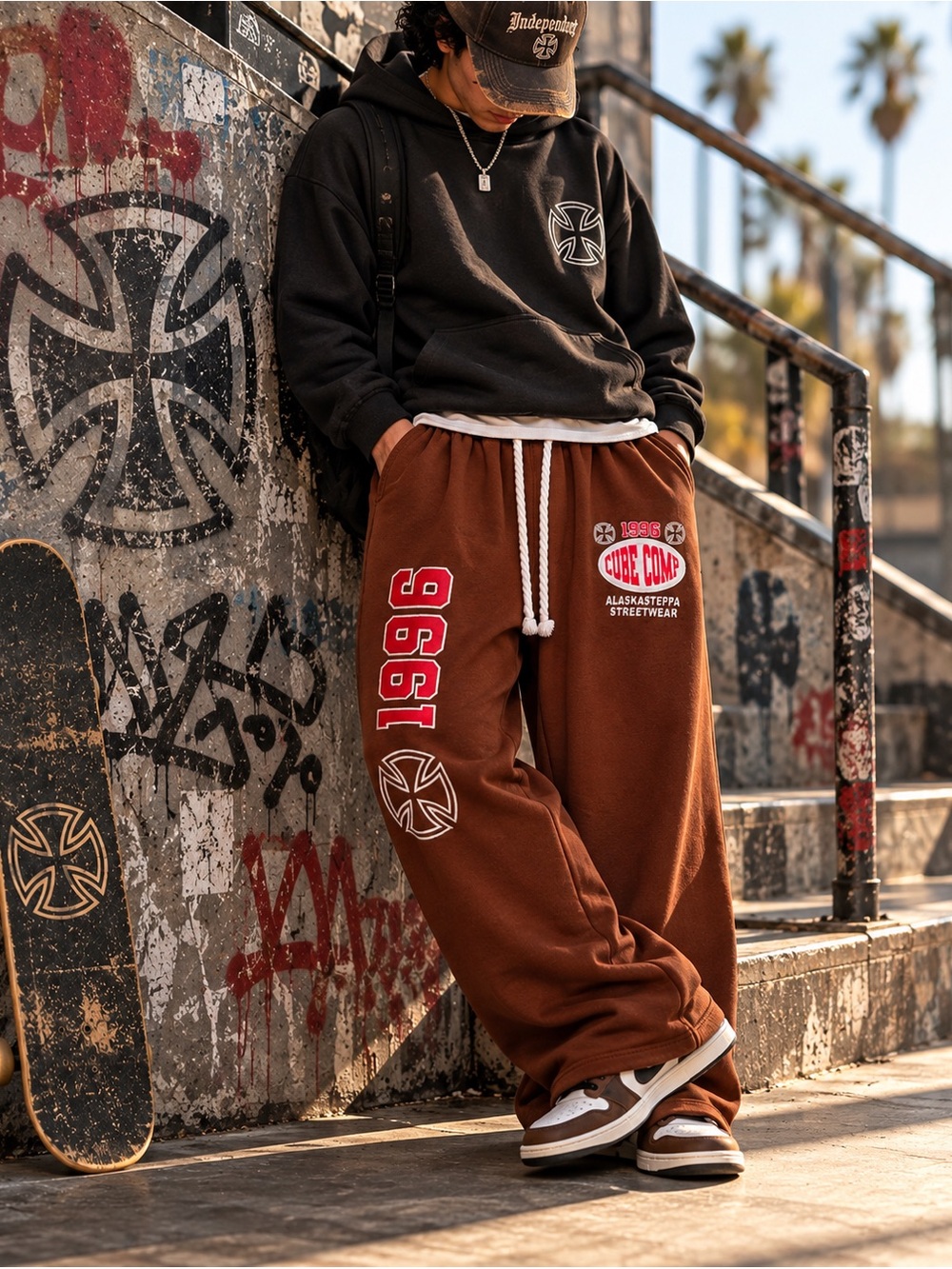 Cube Comp AlaskaSteppa 1996 Embroidered Baggy Sweatpants Brown 3X